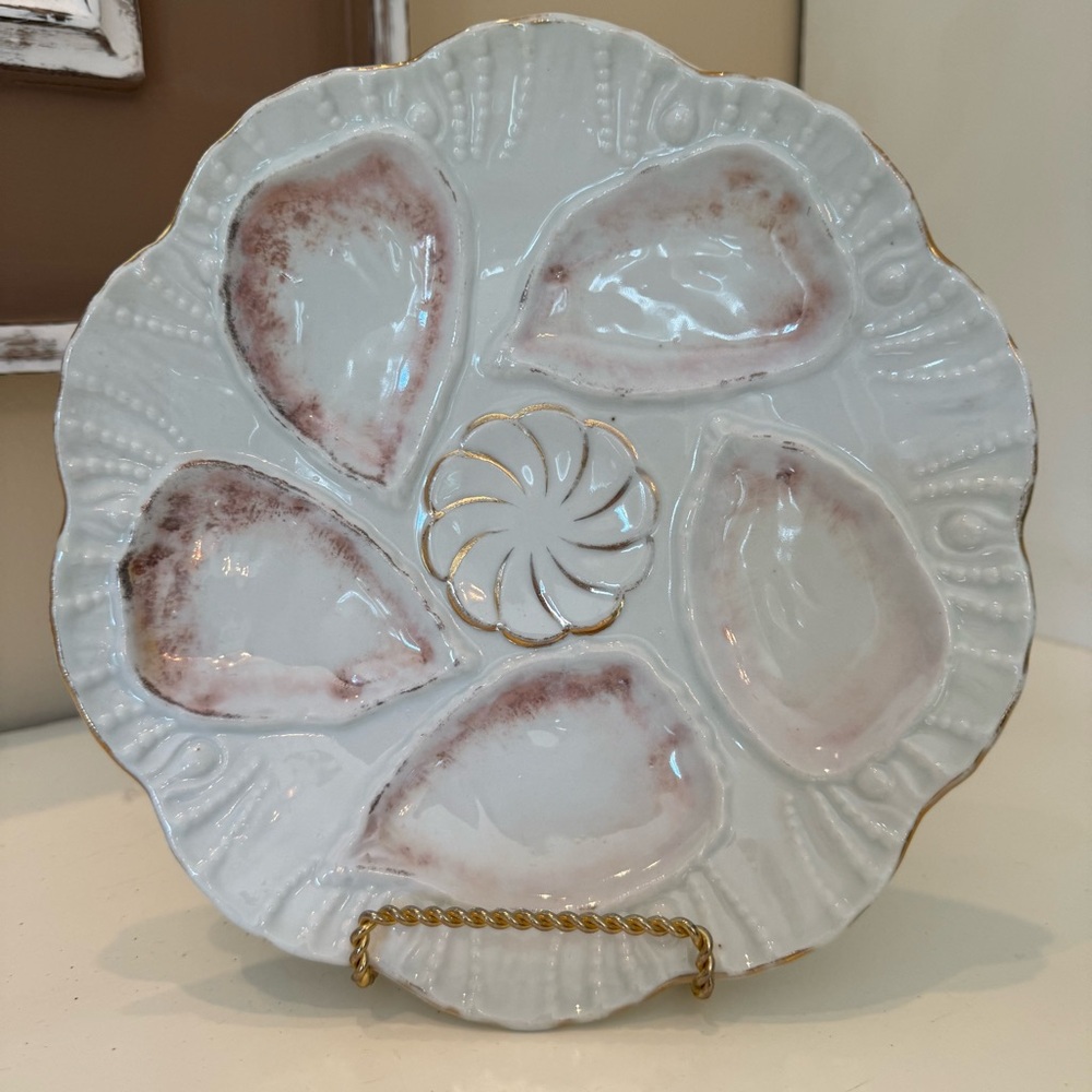 Antique Porcelain Oyster Plate 8.25” Pink Blush, Gilt Rim, 5 Wells Unmarked